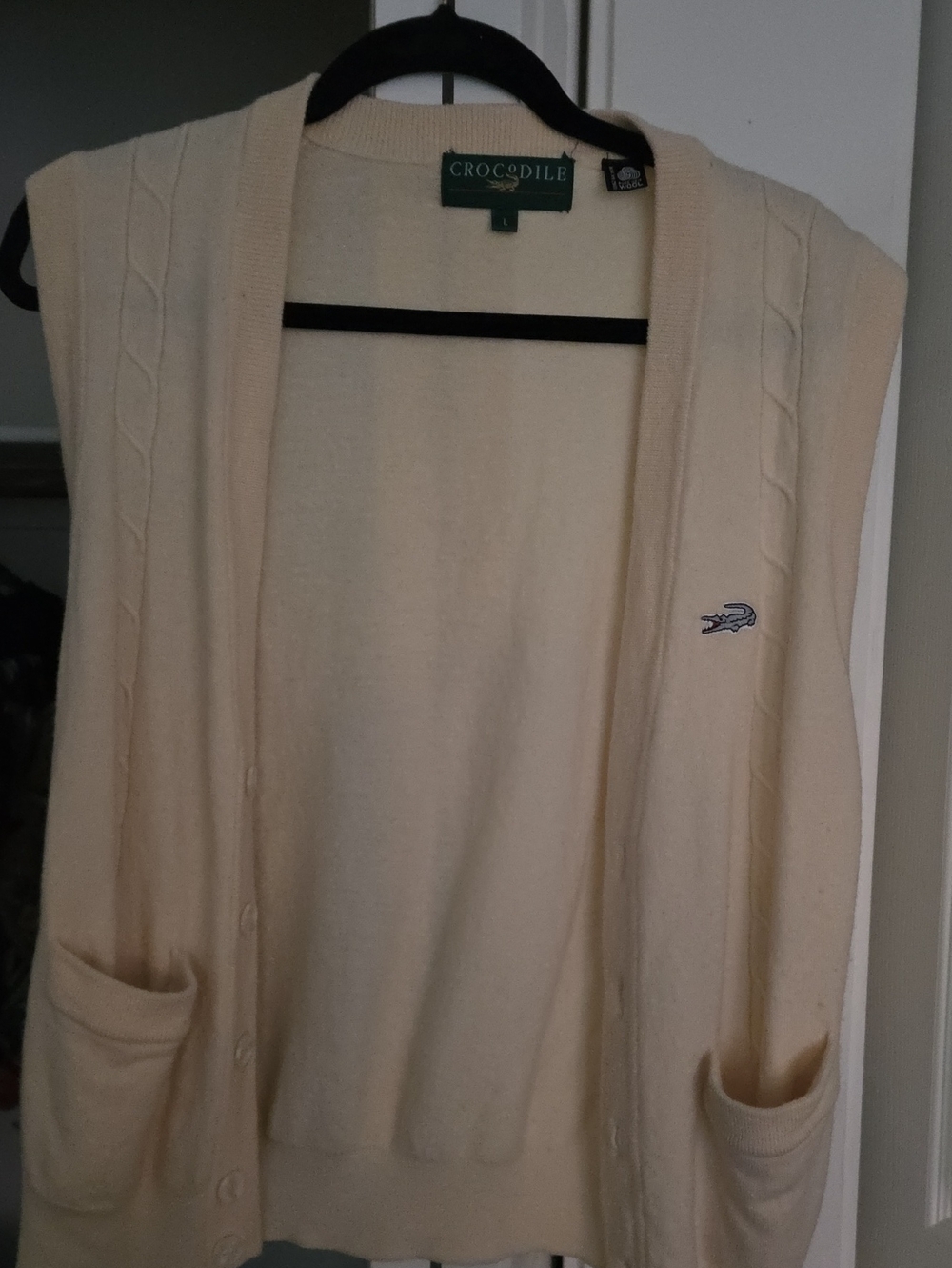 Crocodile Cream Knit Sleeveless Cardigan Vest 100% Wool Sz L